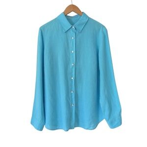 J McLaughlin Turquoise Blue Linen Button Down Shirt 14 Long Sleeves Breathable